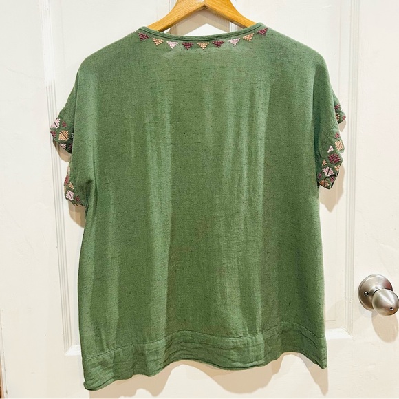 LUCKY BRAND Green Boho Embroidered Top Tribal Cotton Casual Short Sleeve Size XS - Picture 3 of 4